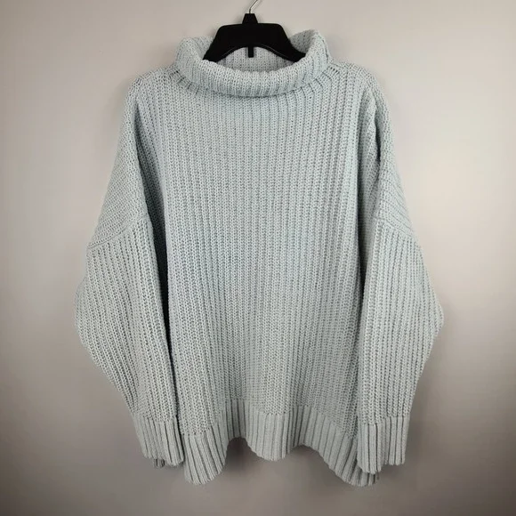 Aerie Womens XL Oversized Chenille Turtleneck Sweater Light‎ Blue Chunky Ribbed