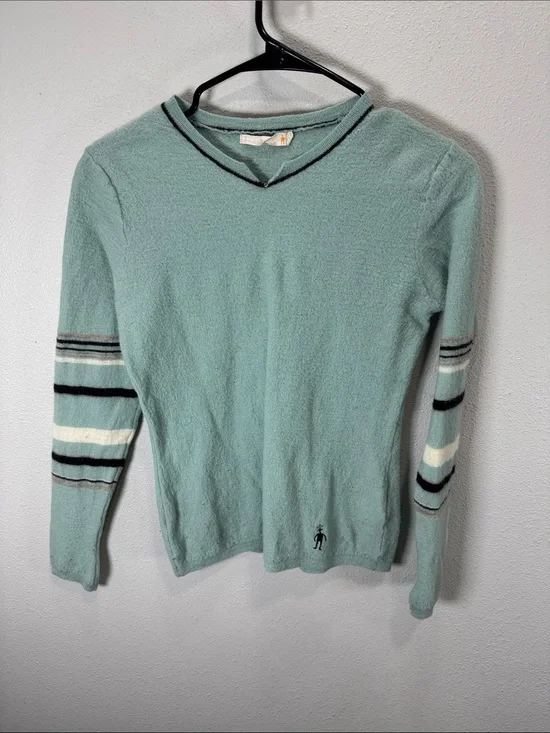 Smartwool Women's Light Teal V-Neck Sweater with Striped Sleeve‎ Detail