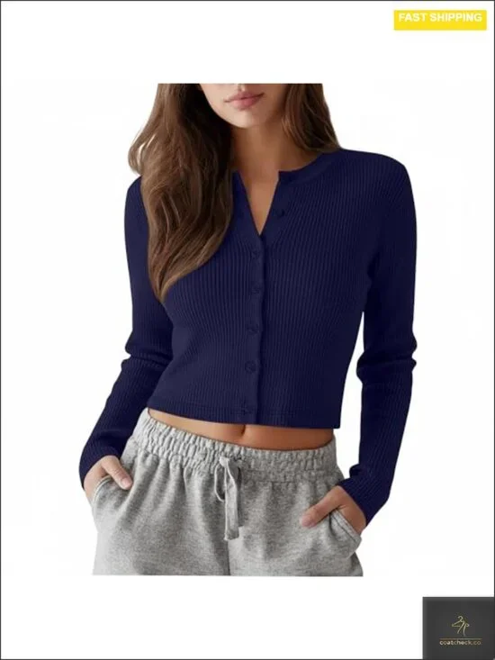 Cropped Cardigan Cotton Ribbed Knit Long Sleeve Crew Neck Open Front Button Down