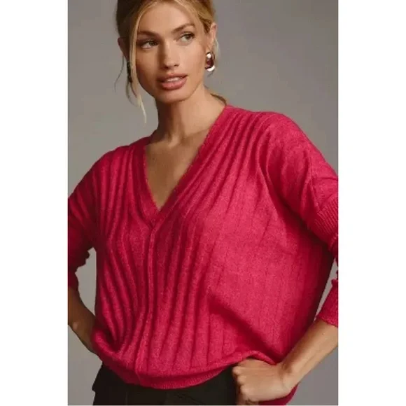 Anthropologie Pilcro V-Neck Boxy Rib Wool Blend Sweater‎ in Pink