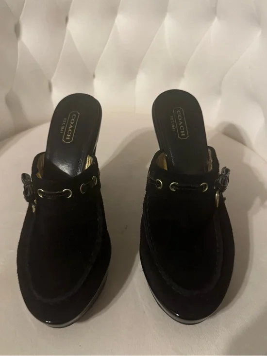 COACH Black Velvet Slip-On Clog Mules with Gold-Tone Hardware