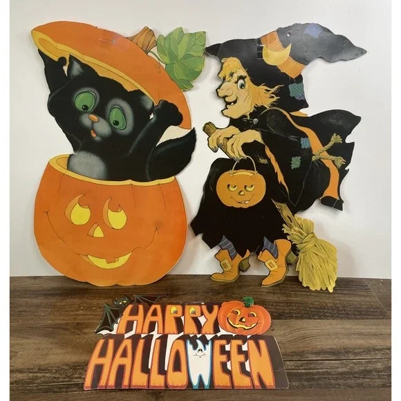 Lot Of 3 Vintage Halloween Die Cut Decorations Witch Cat Pumpkin Happy