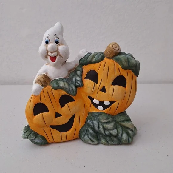 Vintage MCM Ghost & Pumpkins Halloween Decor Hand Painted Ceramic 6