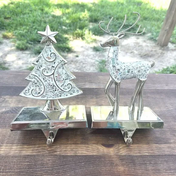 Set of 2 Silver Glass Mosaic Stocking Holders Reindeer Christmas Tree Mantel