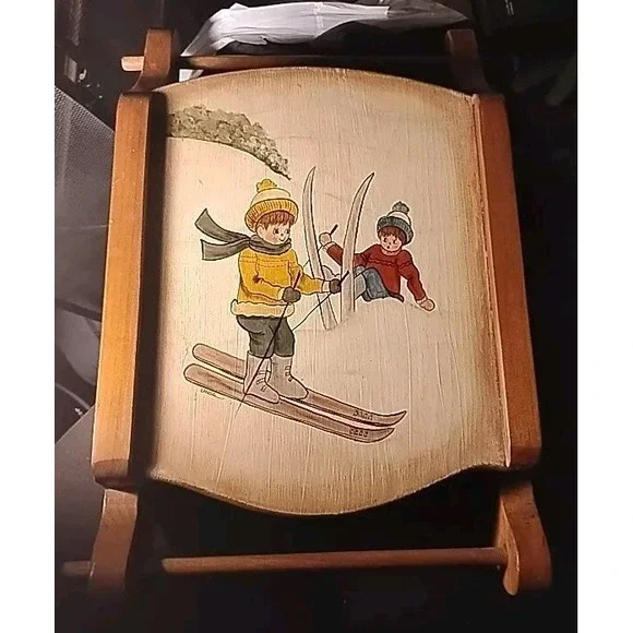 Vintage Wooden Sled Decor Skiers Toll-like Hand‎ Painted Children art Ski Lodge