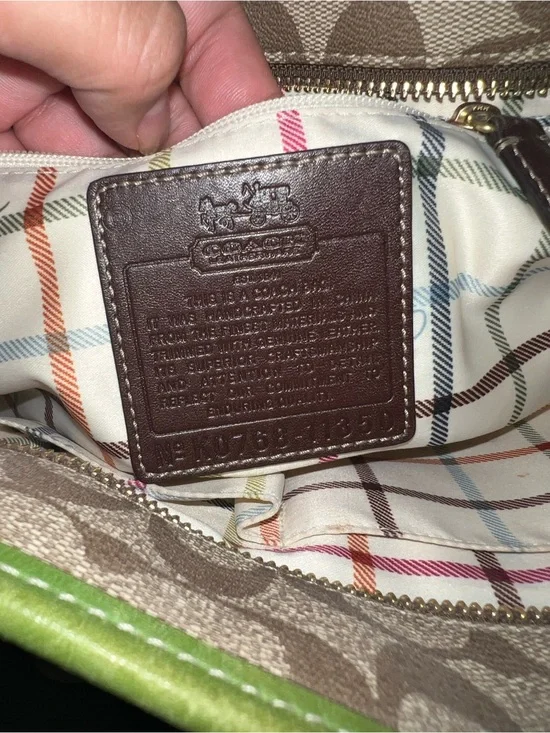 Vintage Coach Beige Signature Canvas Shoulder Bag with Green Trim