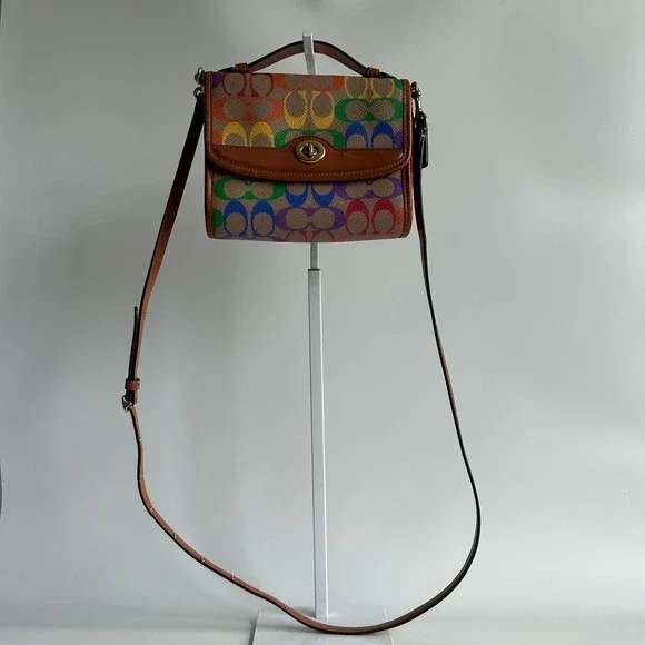Coach Kip Rainbow Signature Canvas Leather Crossbody Bag Excellent
