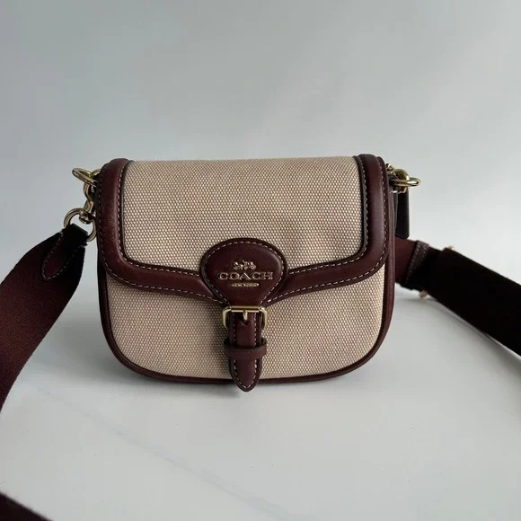 Coach Amelia Small Saddle Bag Burgundy Canvas Leather Excellent