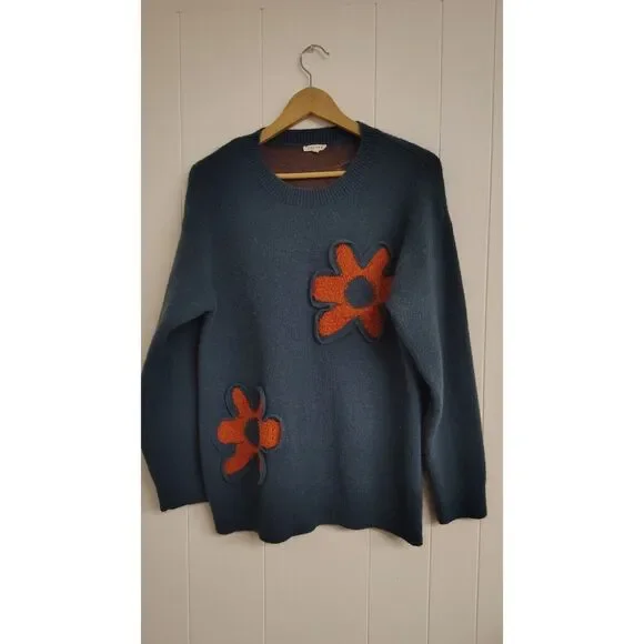 Jodifl Women's Size Large Blue Knit Sweater with 3D Orange Appliqué Flowers