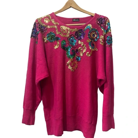 Vintage‎ SML Glitz 80s Pink Knit Sequin Funky Cotton Blend Sweater sz XL.