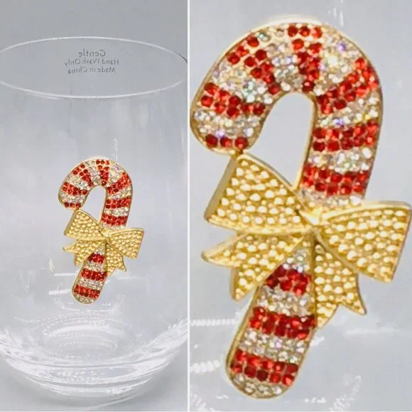 x4 Rhinestone Candy Cane Stemless Wine Glass Set Red Gold Bow Christmas Holidays