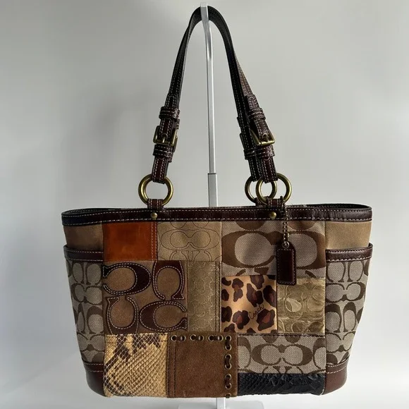 Coach Signature Patchwork Brown Multi Leather Tote Bag F12843 Good