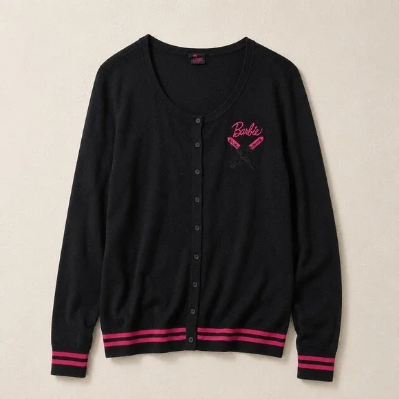 Torrid Barbie Cardigan Sweater Womens Plus Size 4 4X Black Pink Lipstick Button