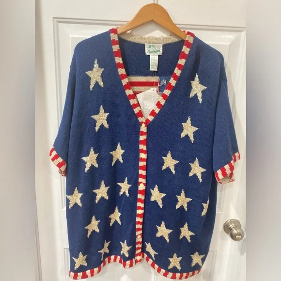 Quacker Factory Navy Blue Star Cardigan with Cream Stars and Red-White Trim