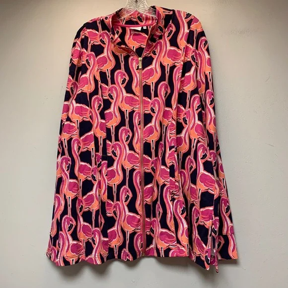 Crown & Ivy Beach Cardigan Women 3X Pink Navy Flamingo Zip Excellent Tropical