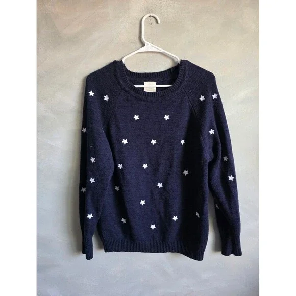 Navy Blue White Star Embroidered Cotton Blend Crewneck Sweater Sz M