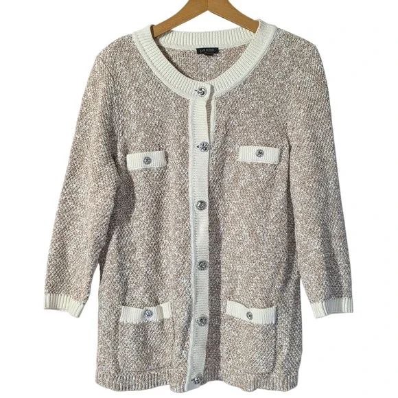 J.Jill Wearever Tan Cream Marled Cotton Cardigan Sweater Womens S Academia