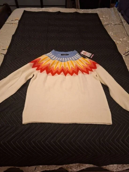 French Connection Essentials Women’s Small Pullover Sweater Ivory Fair Isle Colo