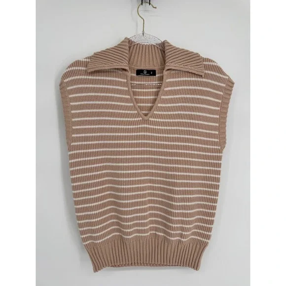 Lillusory Womens Tan White Striped Collared V-Neck Sweater Vest Sz M