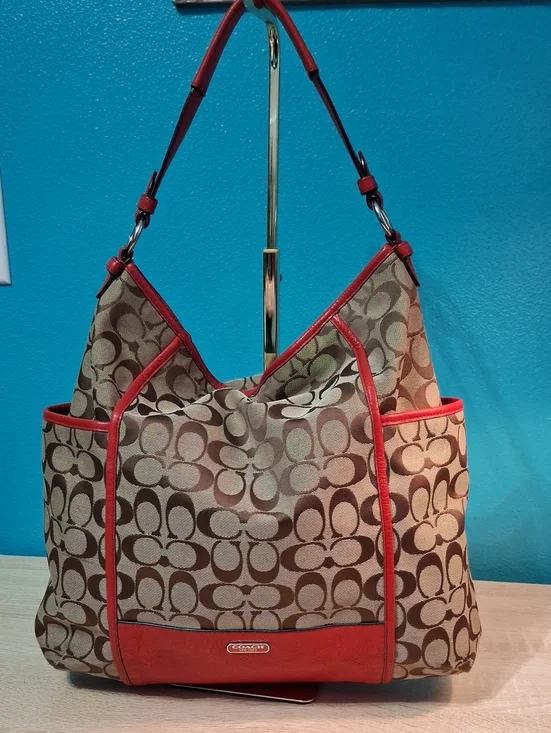Coach Park Signature Canvas Shoulder Bag in Tan with Red Trim F30341