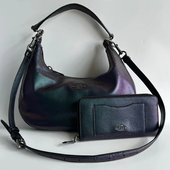 Coach Harley Hobo Iridescent Leather Bag Wallet Set F24352 Good