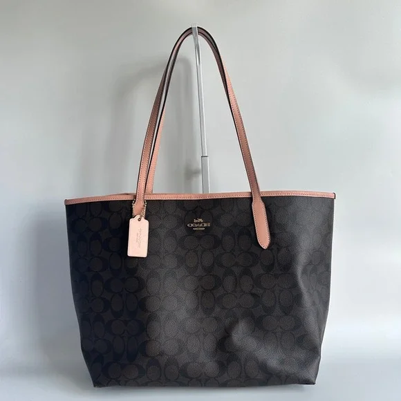 Coach City Tote Brown Dusty Pink Signature Canvas Leather Bag Excellent