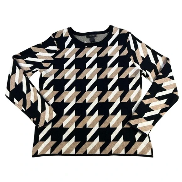 Investments Sweater Women L Black Tan Houndstooth Geometric‎ Crew Neck Knit Top