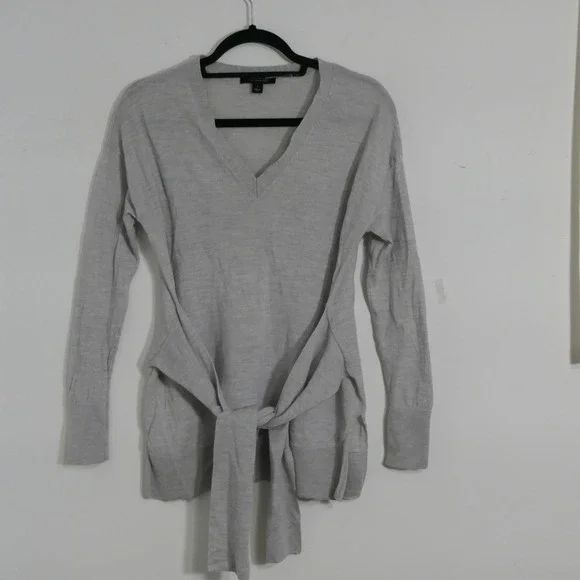 Ann Taylor Women Sweater S Gray 100% Merino Wool Tunic Tie Waist Tunic