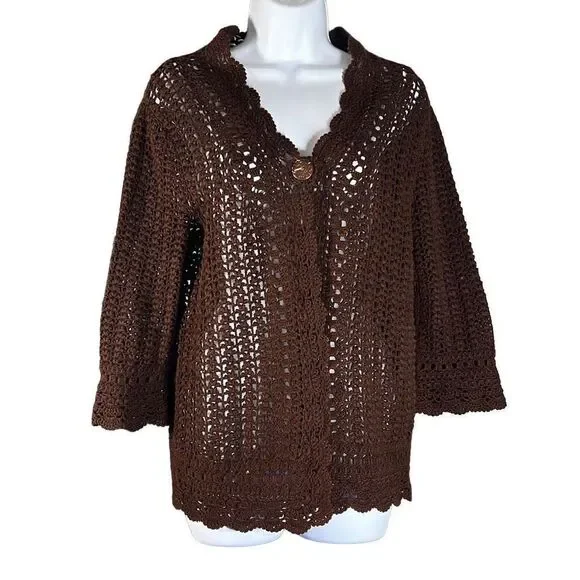 Jones New York Signature Women's Cardigan Sweater Knitted Cover Up Brown Medium