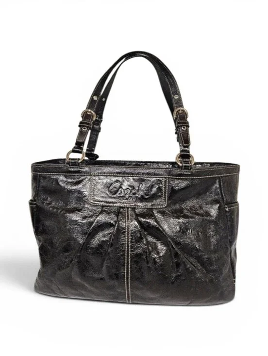 Coach Gallery Zippered Tote Bag in Black Patent Cowhide Leather F13761