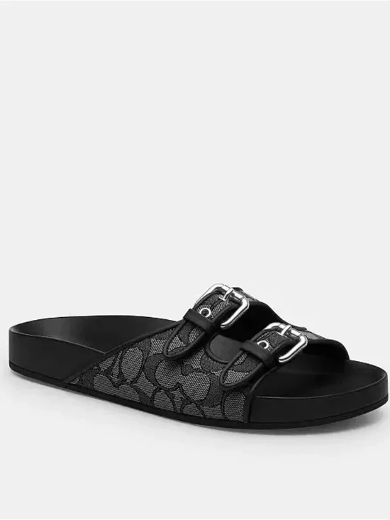 Coach Two Buckle Sandal in Black Jacquard. Size 7