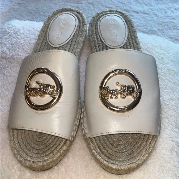 Coach Women's Cream Espadrille Slides with Gold Accent