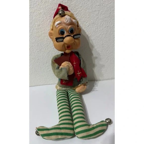 Vintage Mid Century Christmas Elf Shelf Sitter Vinyl Face Japan Jingle Bells 11