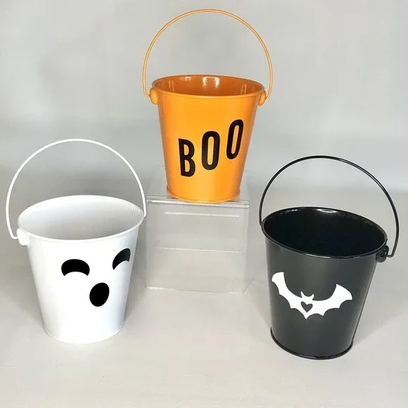Target Halloween 4” Metal  Mini Buckets - White Ghost Orange BOO Black Bat  (3)
