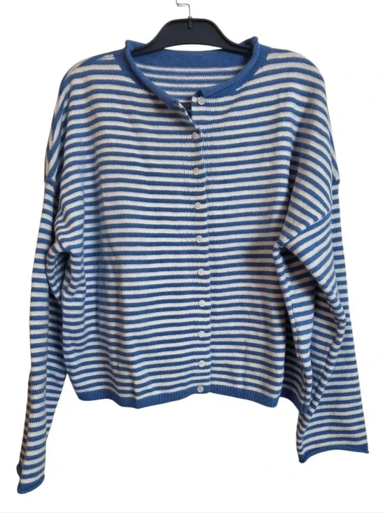 Nautical Breeze Knit Striped Cardigan Medium Button Front Minimalist