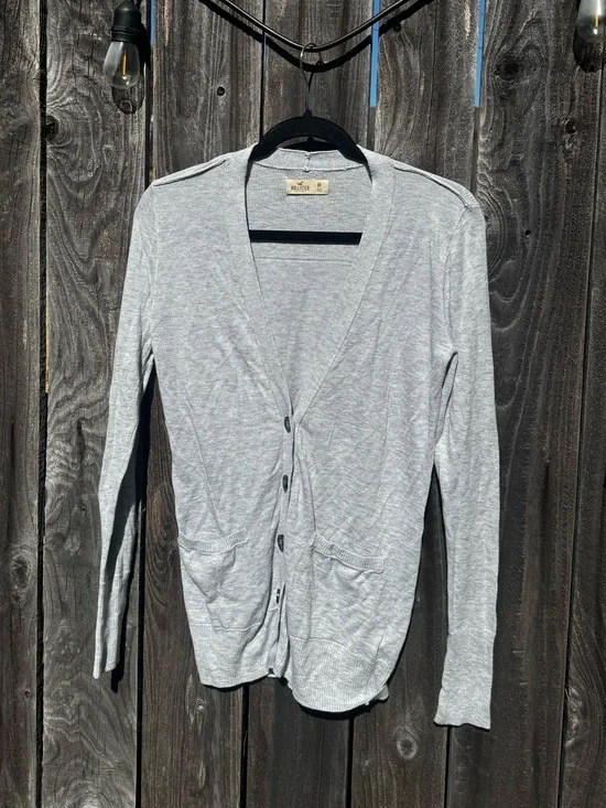 🟡Hollister Long Light Gray Button-Front V Neck Cardigan