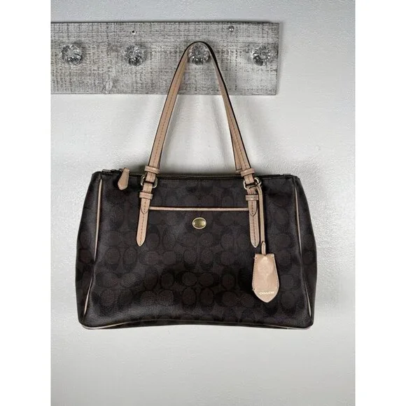 Coach Signature Peyton Double Zip Carryall Tote Shoulder Bag Purse Brown F26187