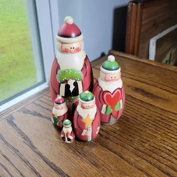 Vintage Hand Painted Santa Claus Matryoshka Nesting Dolls Set Of 5 Christmas