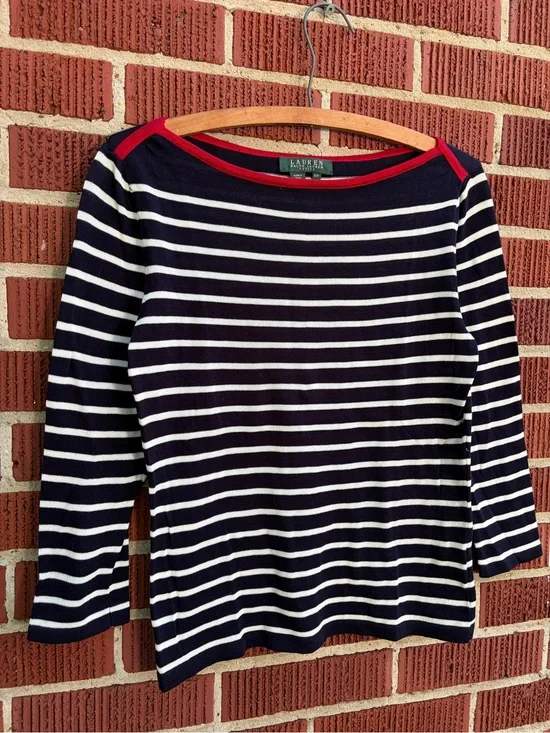 Ralph Lauren Navy and White Striped Boatneck Sweater with Red Trim
