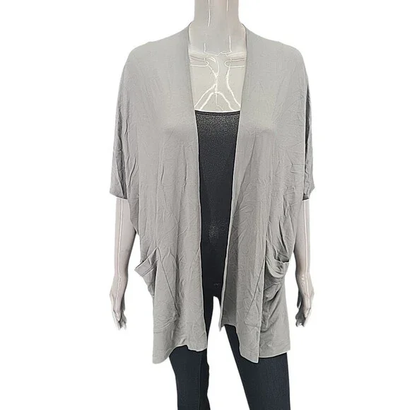 Susan Graver Weekend Jersey Knit Open Cardigan w Pockets Petite Small Size Gray