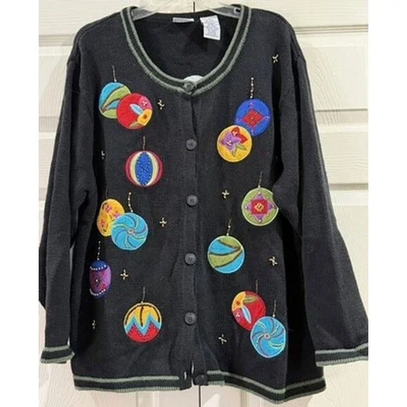 Vtg Y2K Black Ugly Christmas Cardigan Holiday Ornament Granny Sweater Women’s XL