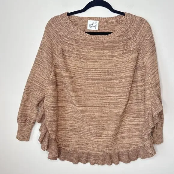 April Marin Westport‎ Ruffle Cotton Sweater Pullover Poncho One Size Brown EUC