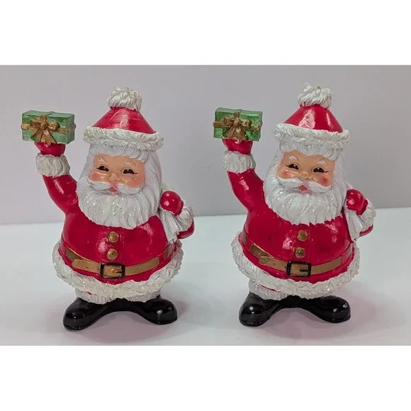 Santa Claus Figurine Set 2pc Small Red Good Vintage Christmas Decor