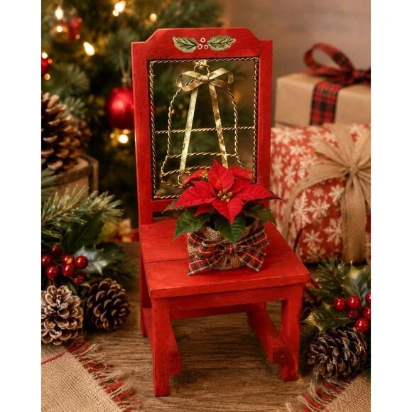 Vtg Red Wooden Christmas Chair Display Stand Bell Planter Holiday Decor Accent