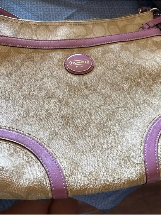 Coach Beige Signature Canvas Shoulder Bag with Pink Trim