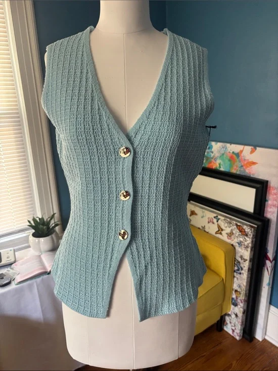 Sleeveless V-Neck Knit Button Front Sweater Vest - Light Aqua