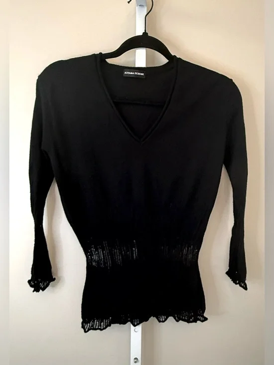 Aoyama Itchome Black V-Neck Sweater Long Sleeve Lace Hem Japanese Designer