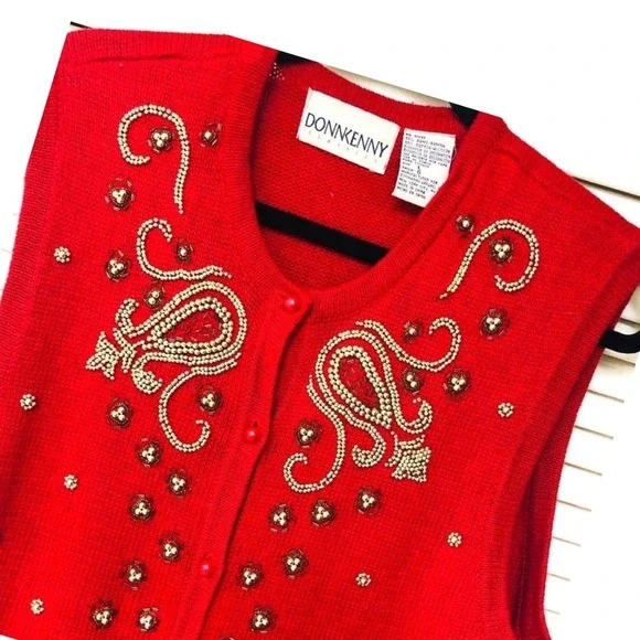 VTG Donnkenny Red Sweater Vest Women's L Hand Beaded‎ Embellished Christmas Nana