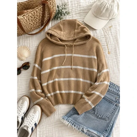 C&C California Linen Cotton Striped Hooded Sweater Tan Cream Size Large Coastal