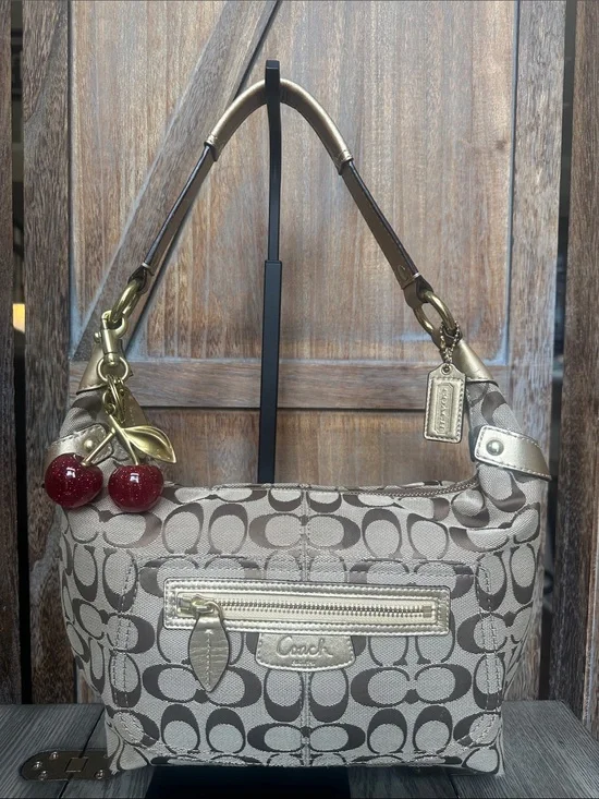 Coach Signature C Penelope Jacquard Logo Gold Leather Trim & Coach Cherry Charm